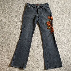 Women's Dark Gray Jeans with Orange Floral Embroidery